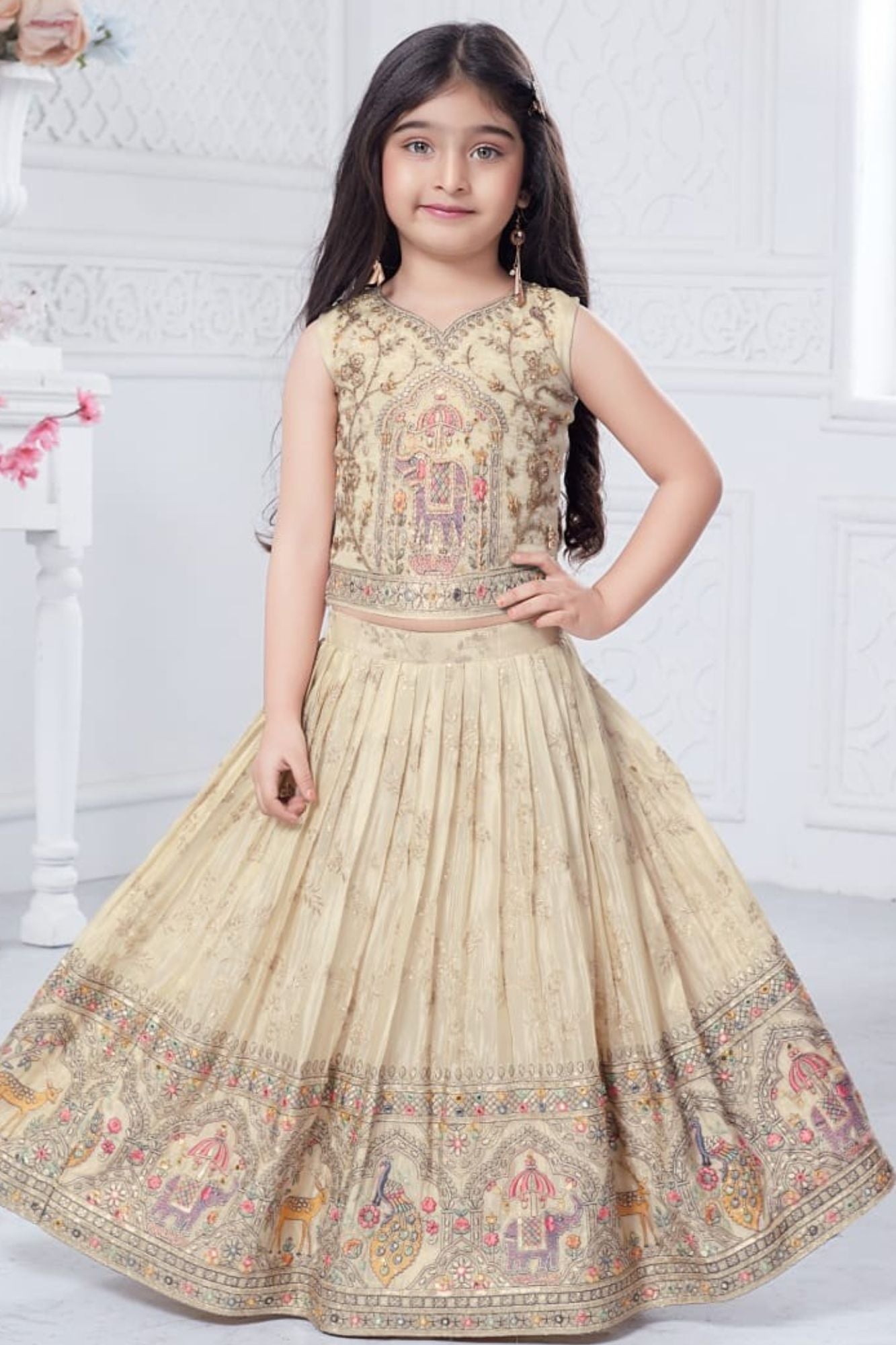 Cream Elephant Motif Lehenga Choli with Regal Zari Embroidery For Girls