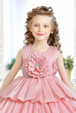 Peach Partywear Frock Embellished With Flowers For Girls