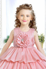 Peach Partywear Frock Embellished With Flowers For Girls