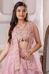 Pink Sequins Embroidered Lehenga Choli Set With Over Coat Set For Girls