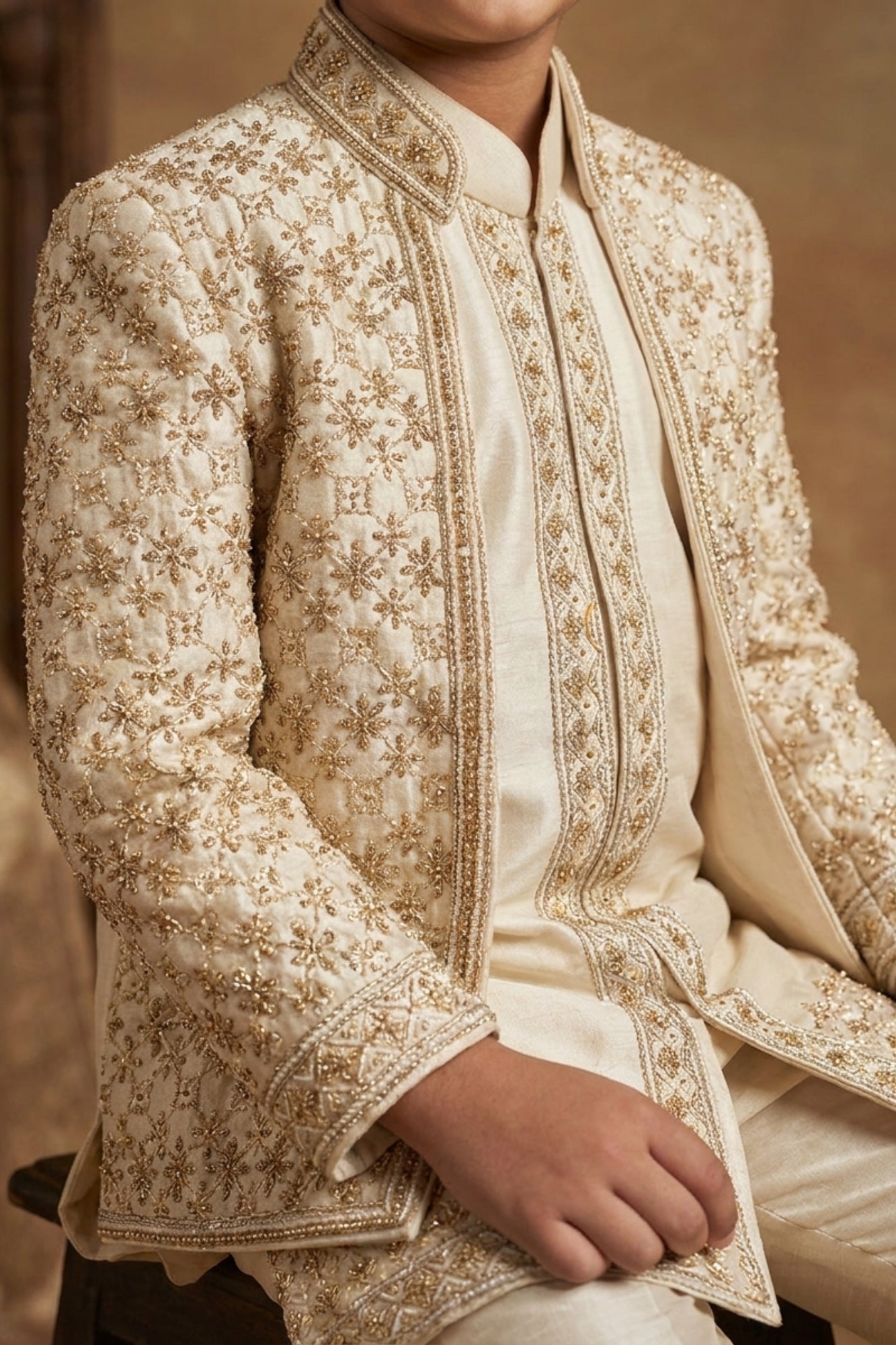 Ivory Heavy Embroidered Indo Western Sherwani Set For Boys