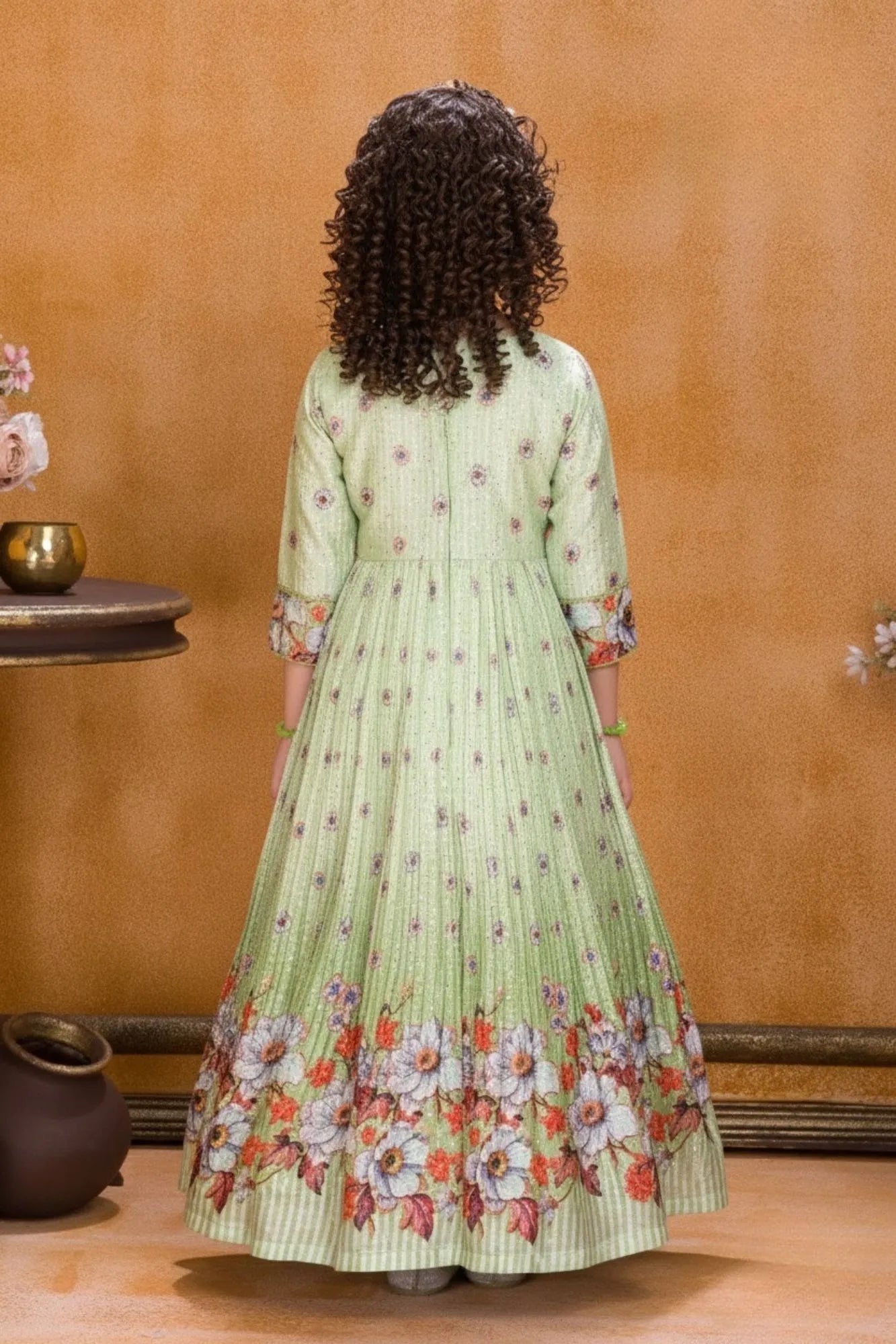 Light Green Floral Printed Ethnic Long Gown with Embellished Waist For Girls 5-6Y(24)