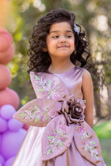 Mauve Satin Gown with 3D Floral Embellished And Embroidery Gown For Girls