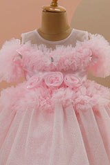 Pink Shimmer Frock With Floral Embellished For Girls