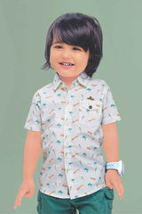 White Printed Shirt And Green Shorts Set For Boys