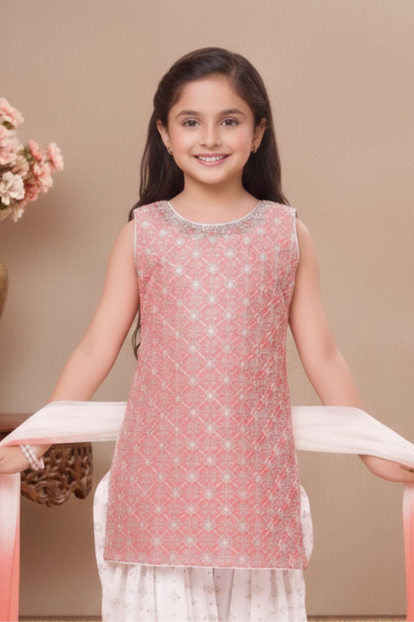 Peach Embroidered Patiala Suit Set With Dupatta For Girls