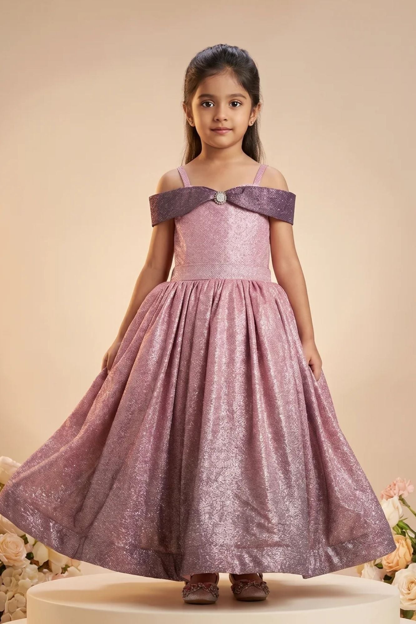 Girls Mauve Pink Shimmer Off-Shoulder Party Wear Gown