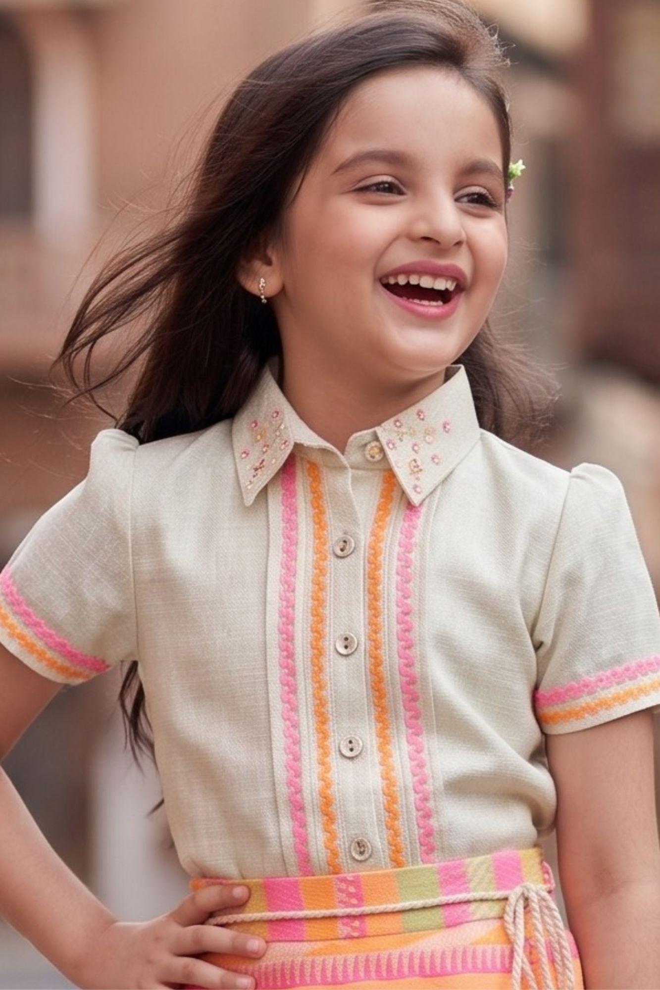 Girls WhiteTop with Multicolor Printed Skorts Set