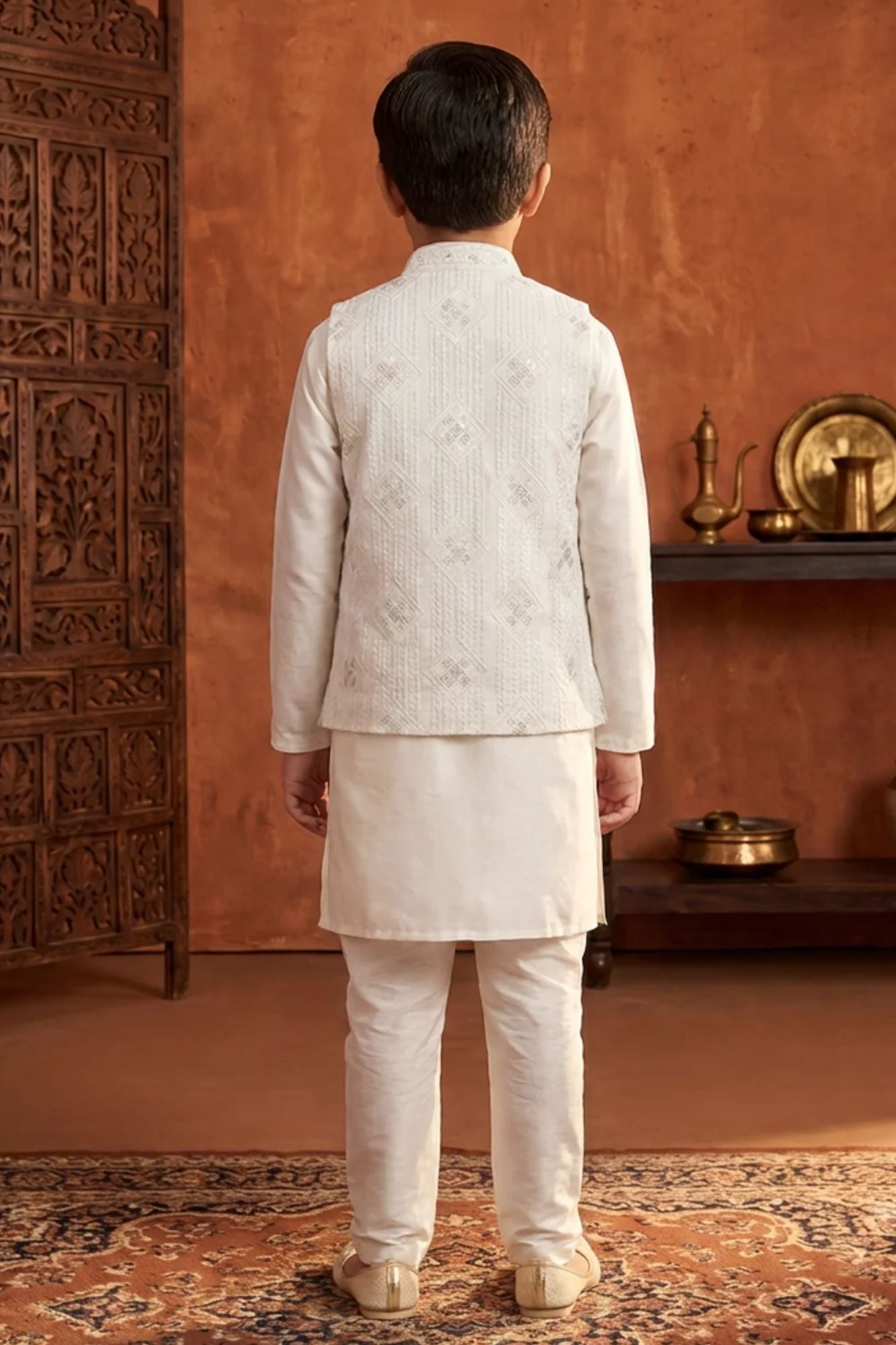 Boys White Pastel Embroidered Kurta Set With Nehru Jacket