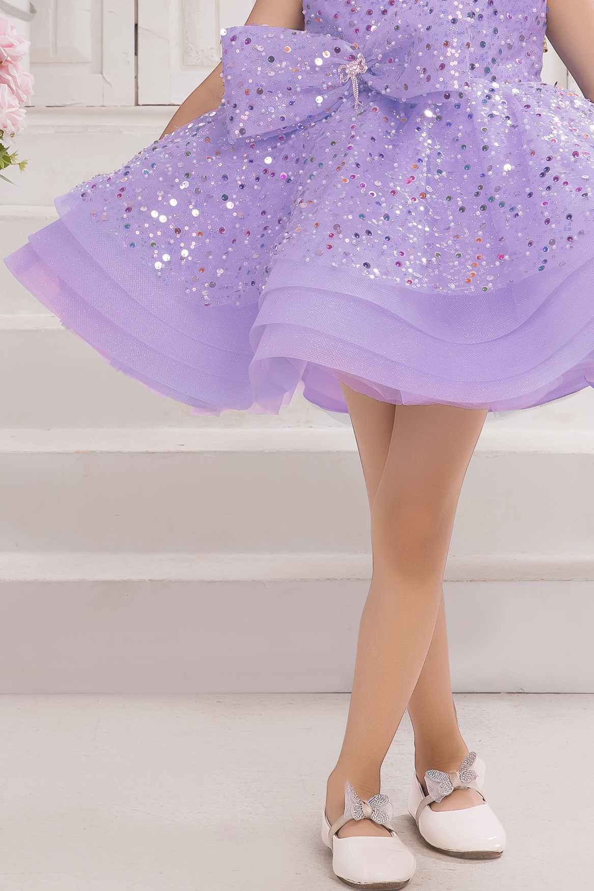 Twinkle Star Lavender Bow Embellished And Sequin Party Frock for Girls