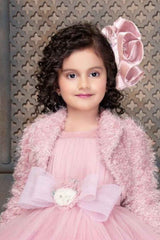 Designer Pink Frock With Bow Embellishment And Overcoat For Girls