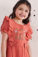 Stylish Orange Casual Frock With Bow Embellished For Girls