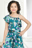 Teal Blue Floral Printed Casual Co Ord Set For Girls