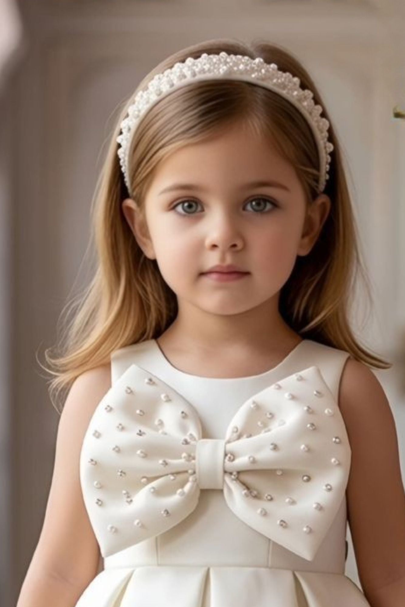 White Party Frock With Pearl-Studded Bows For Girls