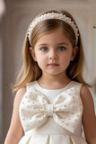 White Party Frock With Pearl-Studded Bows For Girls