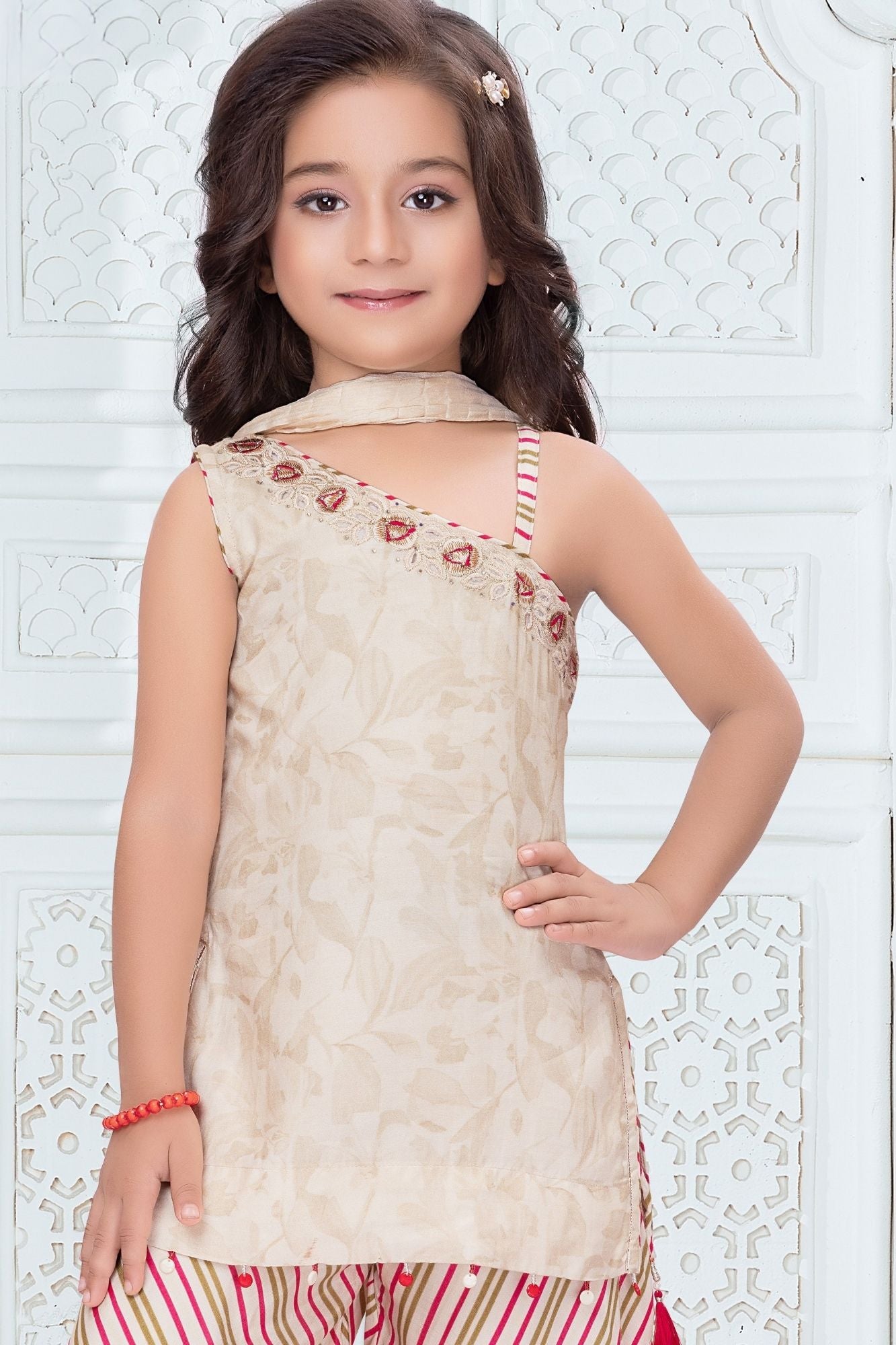 Girls Cream Embroidered Palazzo Set With Leheriya Print And Dupatta