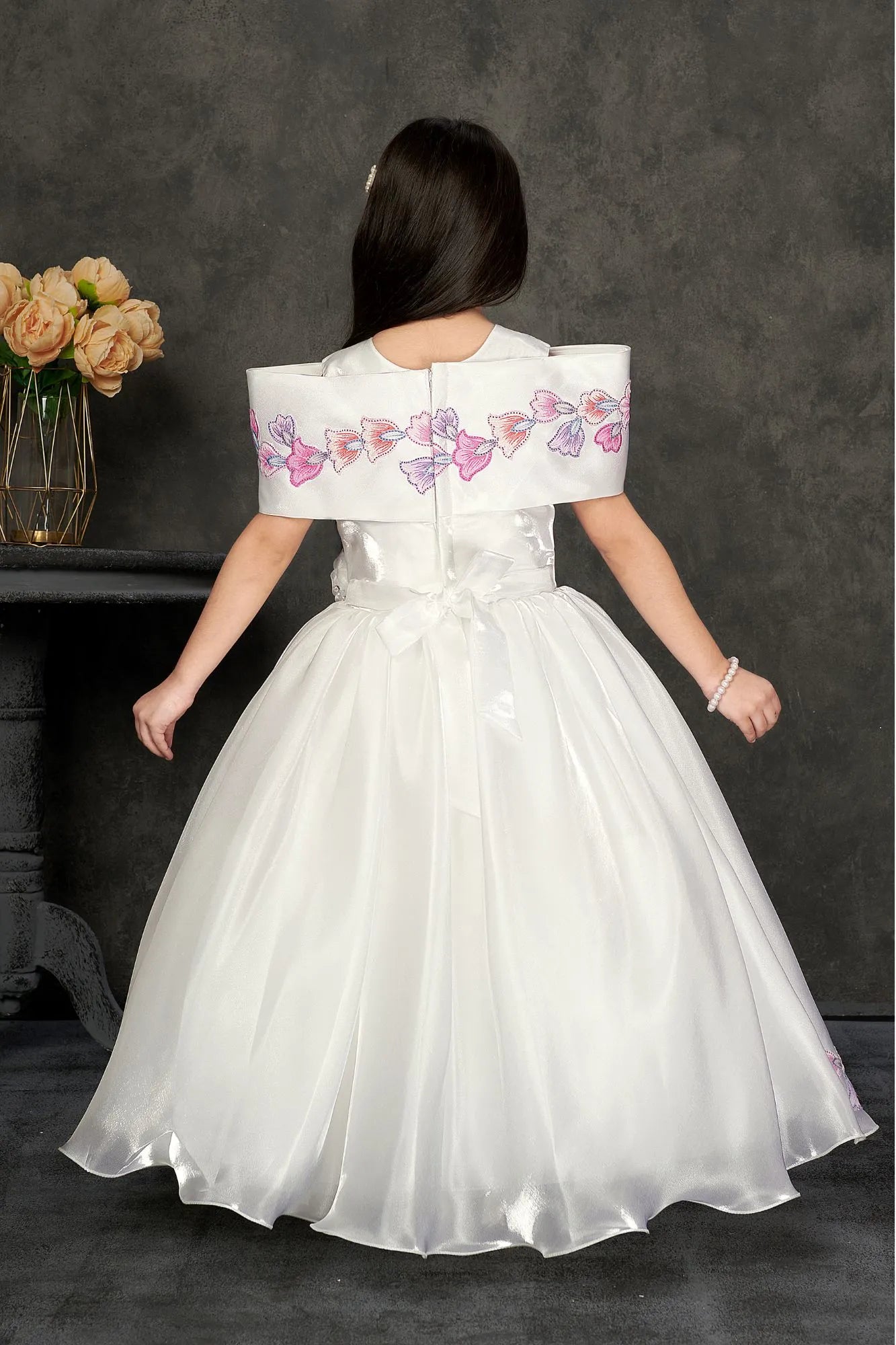 White Floral Embroidered Party Gown For Girls