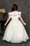 White Floral Embroidered Party Gown For Girls