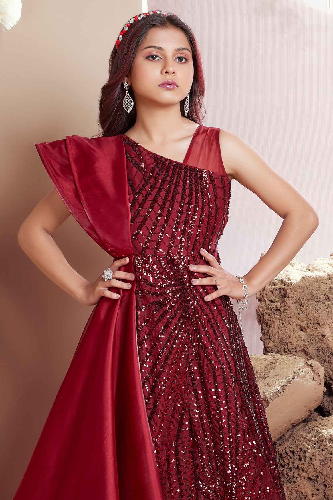 Designer Red Sequined Partywear Gown For Girls