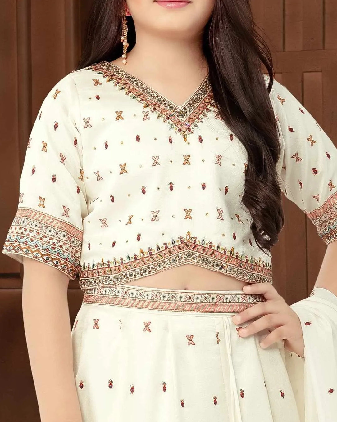 Ivory Floral Embroidered Lehenga Choli Set with Dupatta for Girls