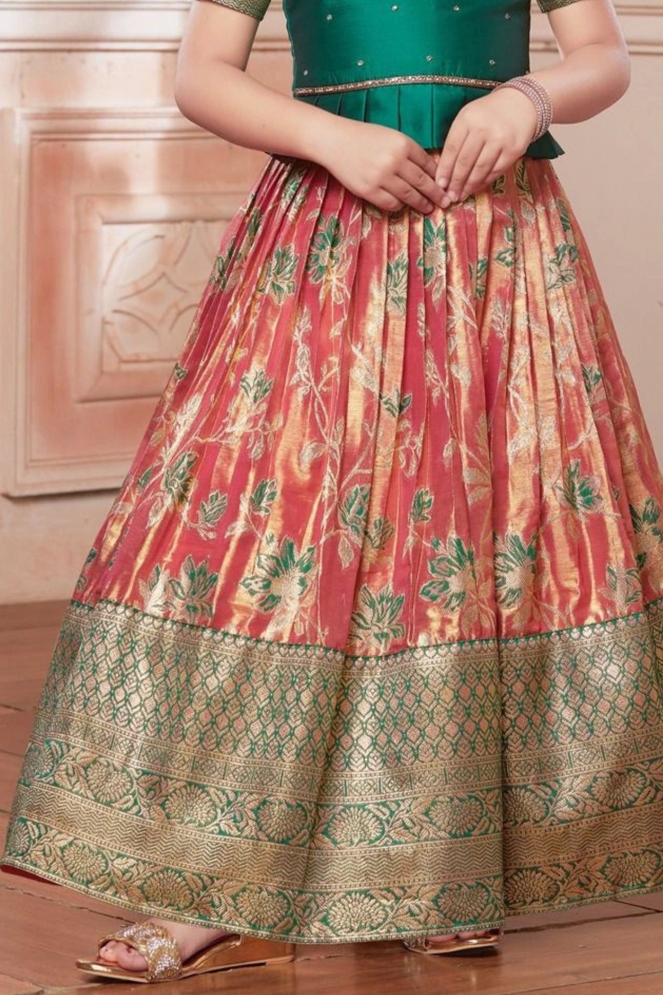 Green & Peach Banarasi Tissue Silk Pattu Pavadai Set with Embroidered Collar For Girls