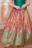 Green & Peach Banarasi Tissue Silk Pattu Pavadai Set with Embroidered Collar For Girls