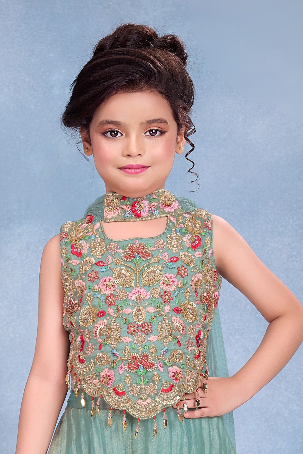 Girls Turquoise Embroidered Palazzo Set With Dupatta