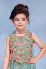 Girls Turquoise Embroidered Palazzo Set With Dupatta