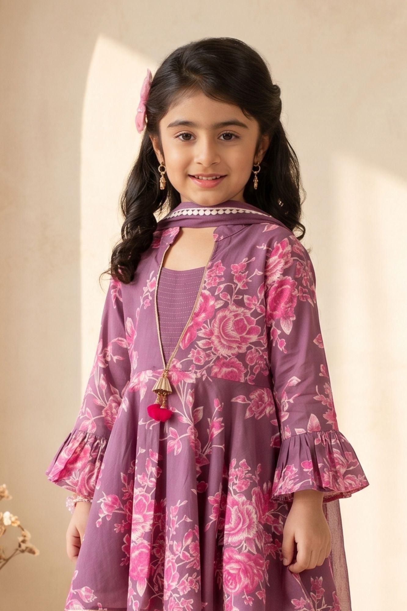 Girls Purple Floral Printed Kurti with Dhoti Pants Set