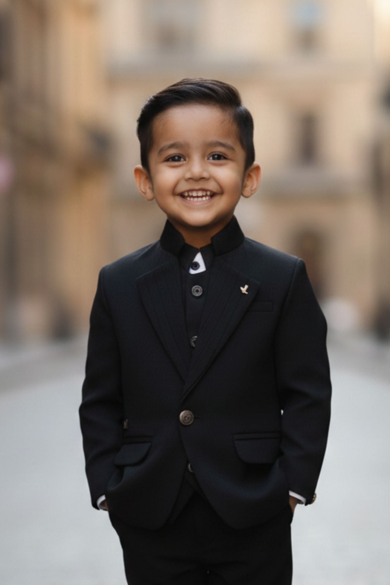 Classic Black Four Pc Suite With White Shirt Embossed Waist Coat Set For Boys