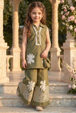 Olive & White Floral Embroidered Sleeveless Co-ord Set For Girls