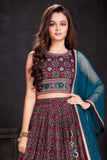 Wine Lehenga Choli Set With Printed And Sequin Work For Girls
