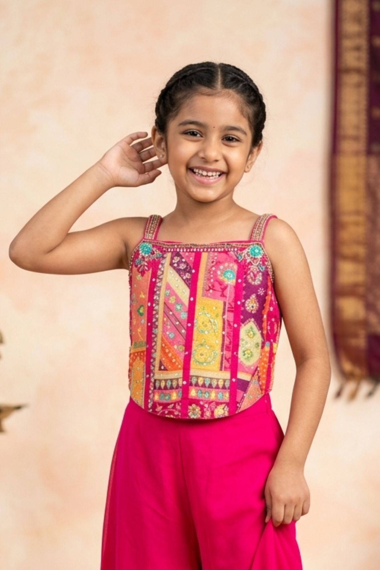 Rani Pink Embroidered Palazzo Set For Girls