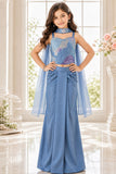 Blue Sequin Embellished Lehenga Set For Girls
