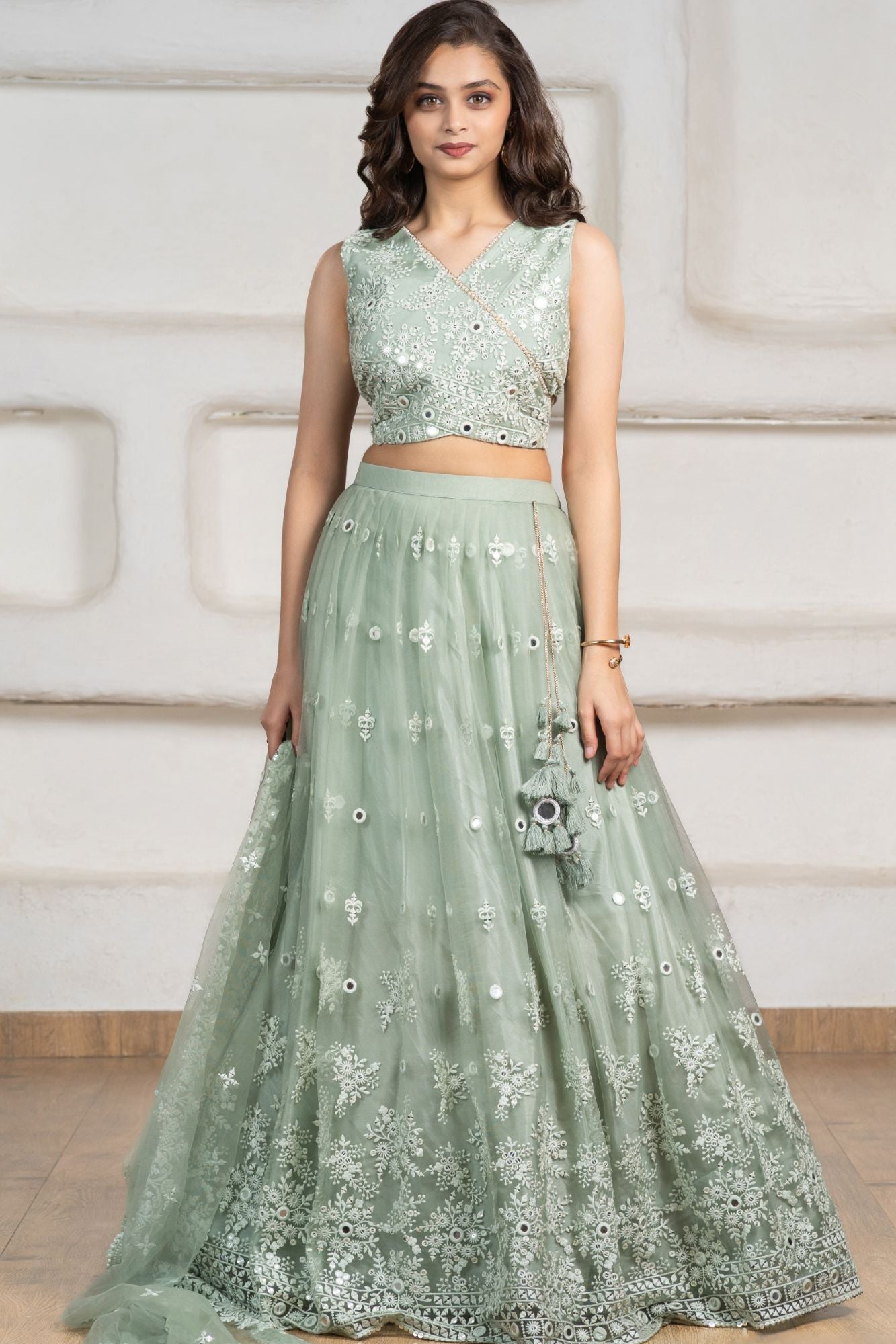 Sea Green Embroidered Lehenga Choli Set with Dupatta For Girls