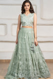 Sea Green Embroidered Lehenga Choli Set with Dupatta For Girls