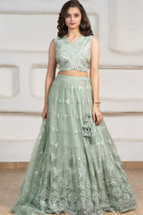 Sea Green Embroidered Lehenga Choli Set with Dupatta For Girls