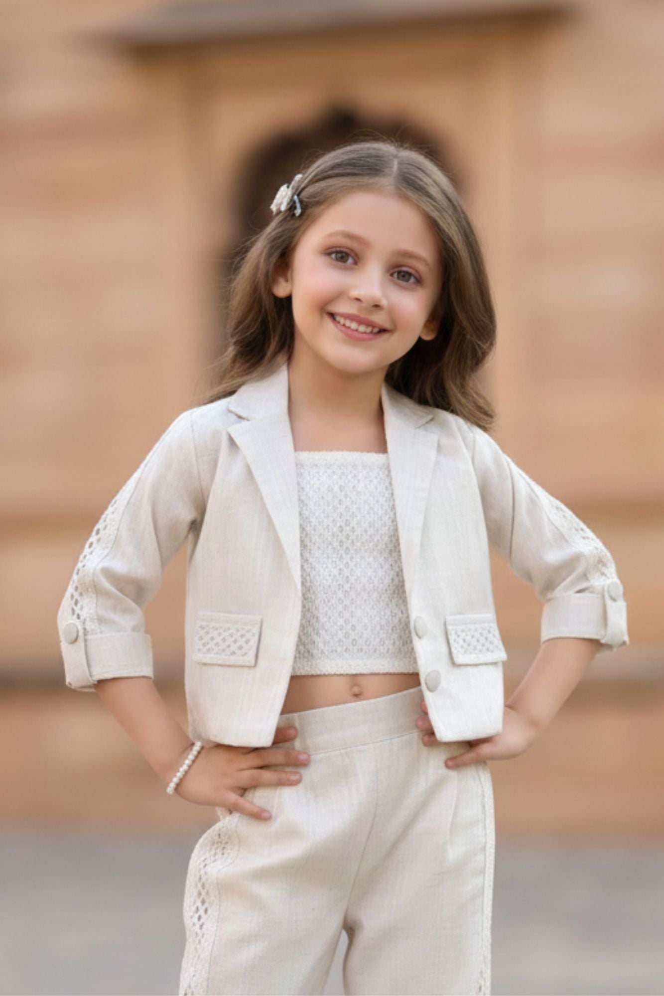 Stylish Cream Textured Design Top And Pant Set With Overcoat For Girls