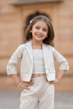 Stylish Cream Textured Design Top And Pant Set With Overcoat For Girls