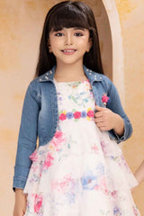 White Sleeveless Floral Printed Frock With Denim Overcoat For Girls