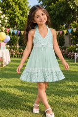 Girls Mint Green Floral Lace Halter Neck Pleated Dress