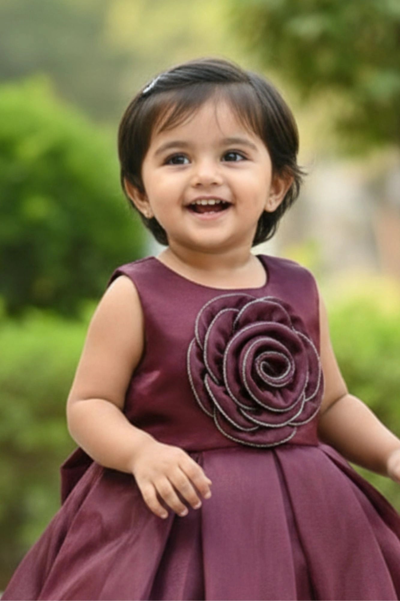Plum Purple Rose Appliqué Party Wear Frock For Girls