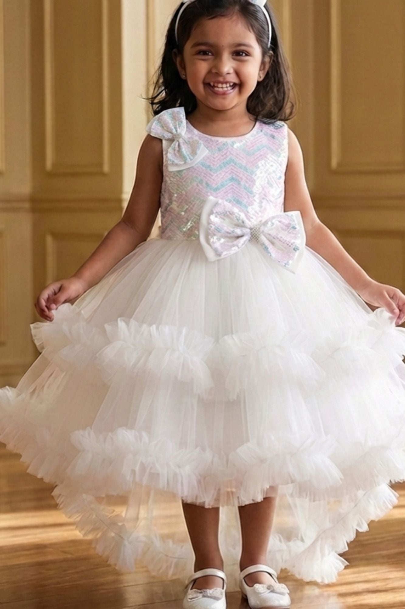 White Ruffle Party Gown with Sequin Bows and High-Low Hem For Girls
