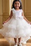 White Ruffle Party Gown with Sequin Bows and High-Low Hem For Girls