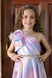 Multicolor One-Shoulder Party Gown with Floral Accent For Girls