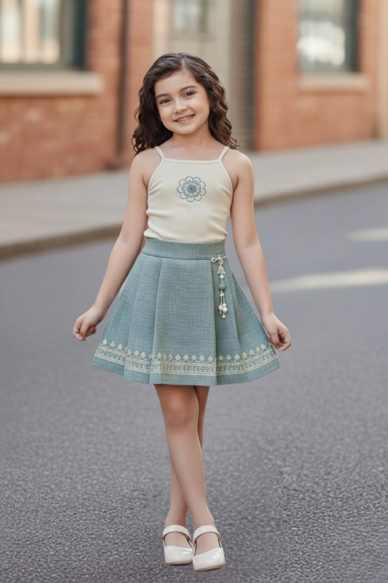 Sea Green Embroidered Jacket & Skirt Co-ord Set For Girls
