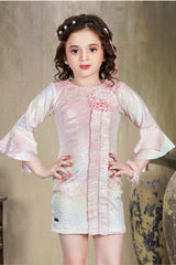 Pink Bell Sleeves With Floral And Stone Embellished Dress For Girls