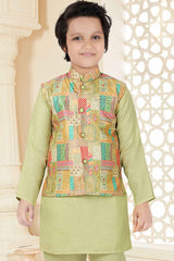 Pista Green Kurta With Printed And Sequin Embroidery Bandi For Boys