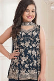 Navy Blue Embroidered Georgette Palazzo Set For Girls