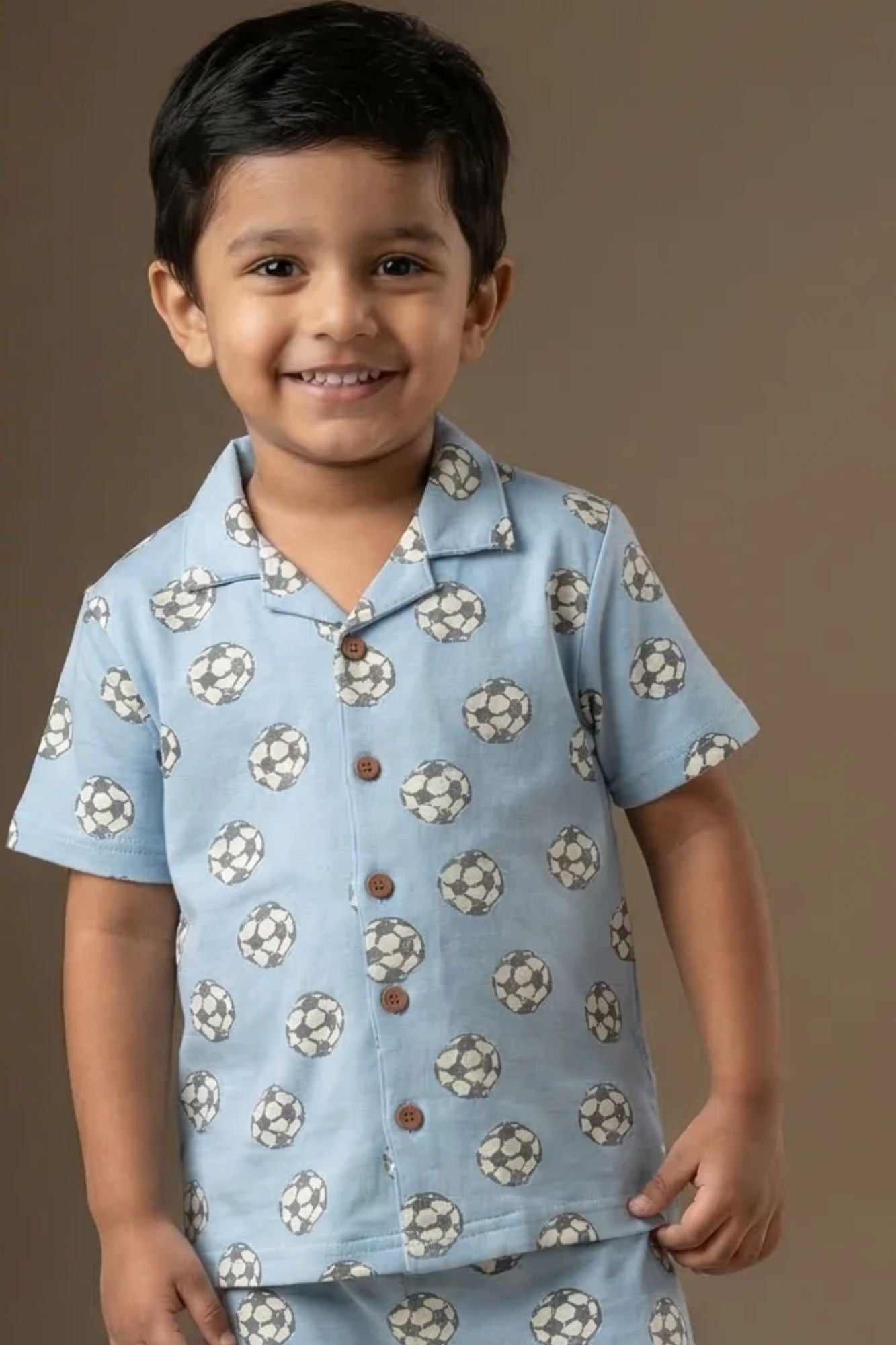 Powder Blue Football Print Cotton Night Suit Set For Boys